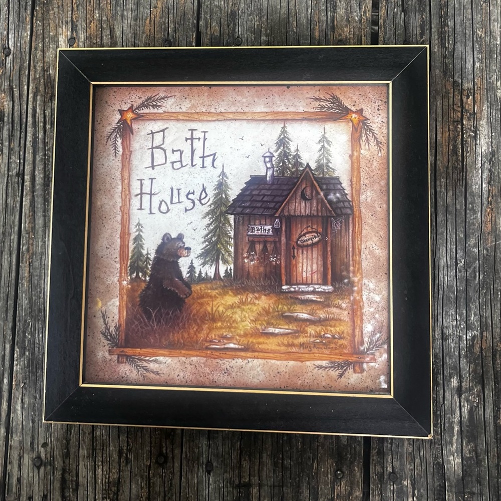 BATH HOUSE BY MARY ANN JUNE 12” x 12” BLACK FRAMED PRINT